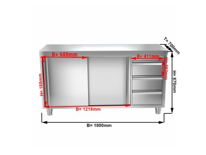 Szafka robocza PREMIUM ze stali nierdzewnej - 1800x700 mm - z 3 szufladami po prawej stronie bez panelu tylnego