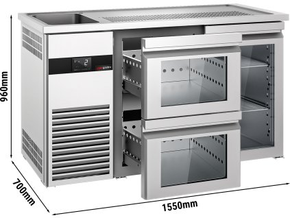 Barowy stół chłodniczy PREMIUM - 1550x700 mm - 1 szklane drzwi & 2 szklane szuflady