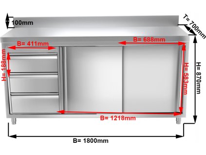Szafka robocza PREMIUM ze stali nierdzewnej - 1800x700 mm - z 3 szufladami po lewej stronie & panelem tylnym