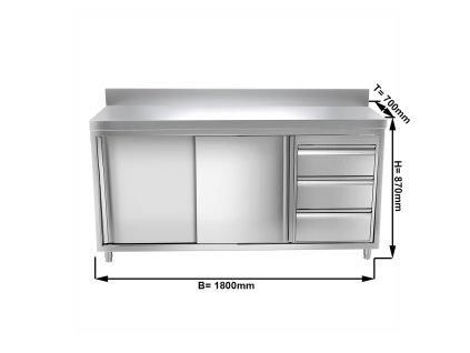 Szafka robocza PREMIUM ze stali nierdzewnej - 1800x700 mm - z 3 szufladami po prawej stronie & panelem tylnym