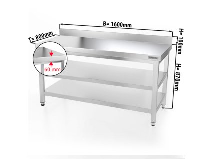 Stół roboczy PREMIUM ze stali nierdzewnej - 1600x800 mm - z półką dolną, panelem tylnym i półką pośrednią