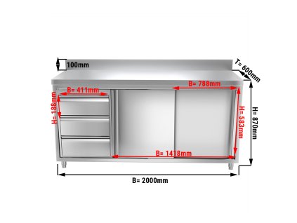 Szafka robocza PREMIUM ze stali nierdzewnej - 2000x600 mm - z 3 szufladami po lewej stronie & panelem tylnym