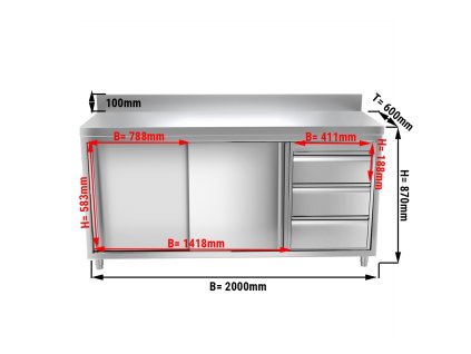 Szafka robocza PREMIUM ze stali nierdzewnej - 2000x600 mm - z 3 szufladami po prawej stronie & panelem tylnym