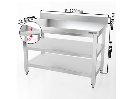 Stół roboczy PREMIUM ze stali nierdzewnej - 1200x800 mm - z półką dolną, panelem tylnym i półką pośrednią