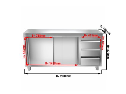 Szafka robocza PREMIUM ze stali nierdzewnej - 2000x700 mm - z 3 szufladami po prawej stronie bez panelu tylnego