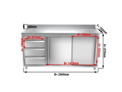 Szafka robocza PREMIUM ze stali nierdzewnej - 2000x700 mm - z 3 szufladami po lewej stronie & panelem tylnym