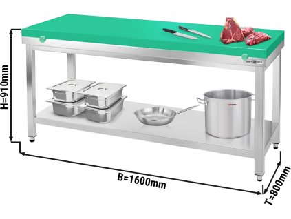 Stół roboczy ze stali nierdzewnej PREMIUM - 1600x800mm - z półką dolną bez panelu tylnego, włącznie z płytą do cięcia