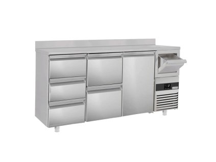 Stół chłodniczy PREMIUM do baru i napojów - 2130x600 mm - 1 drzwi, 5 szuflad, panel tylny i kołatka do kawy