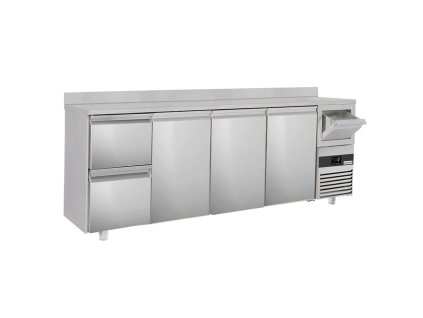 Stół barowy i chłodniczy do napojów PREMIUM - 2690x600 mm - 3 drzwi, 2 szuflady, panel tylny i kołatka do kawy