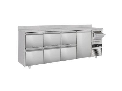 Stół barowy i chłodniczy do napojów PREMIUM - 2690x600 mm - 1 drzwi, 6 szuflad, panel tylny i kołatka do kawy
