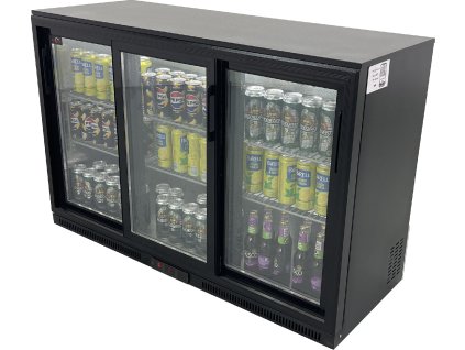 Lodówka barowa - 1350 x 540 x 900 mm, z 3 szklanymi drzwiami i 2 półkami - czarna