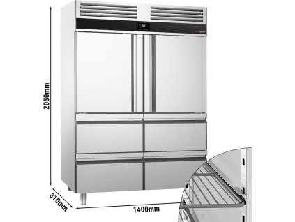 Zamrażarka PREMIUM ze stali nierdzewnej - GN 2/1 - 1400 litrów - z 2 półdrzwiami i 4 szufladami