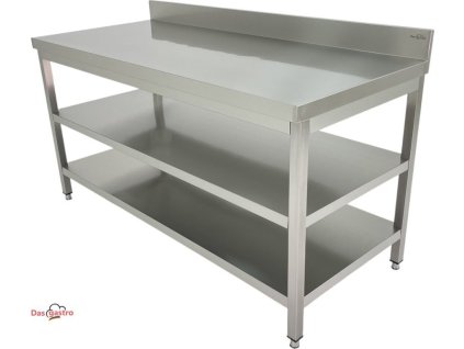 Stół ze stali nierdzewnej z dwiema półkami i tylną krawędzią - 1,2 x 0,6 m