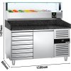 Stół chłodniczy do pizzy PREMIUM - 1500x800mm - z 1 drzwiami i 7 szufladami - włącznie z witryną chłodniczą nadstawną LED - 7x GN 1/4