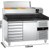 Stół chłodniczy do pizzy PREMIUM - 1500x800mm - z 1 drzwiami i 7 szufladami - włącznie z witryną chłodniczą nadstawną - 7x GN 1/4
