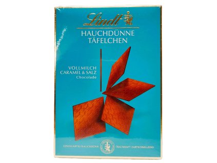 LINDT HAUCHDÜNNE TÄFELCHEN ( TRVANLIVOST 9/25) - VOLLMILCH CARAMEL & SALZ Chocolade - mléčné čokoládové plátky - 125g