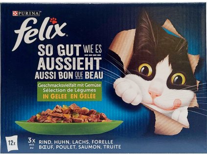 FELIX in Gelee - kapsičky pro kočky se zeleninou v želé 12x 85g - kapsičky pro kočky 3x hovězí, 3x kuře, 3x losos, 3x pstruh