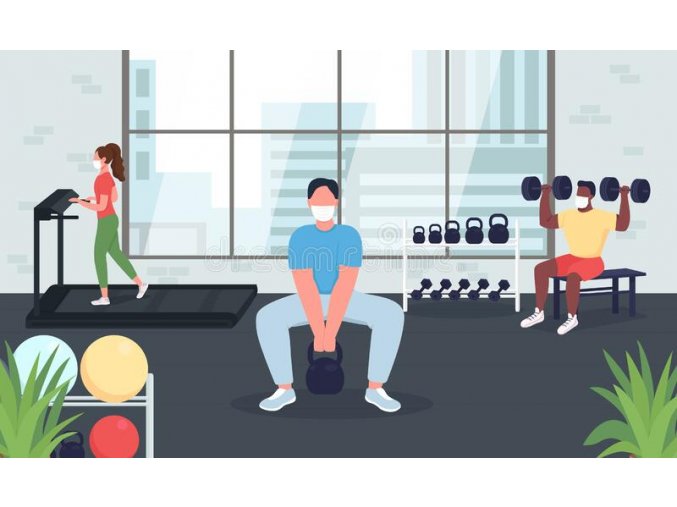 gym quarantine flat color vector illustration social distance exercising women men medical mask working out d cartoon 205090010