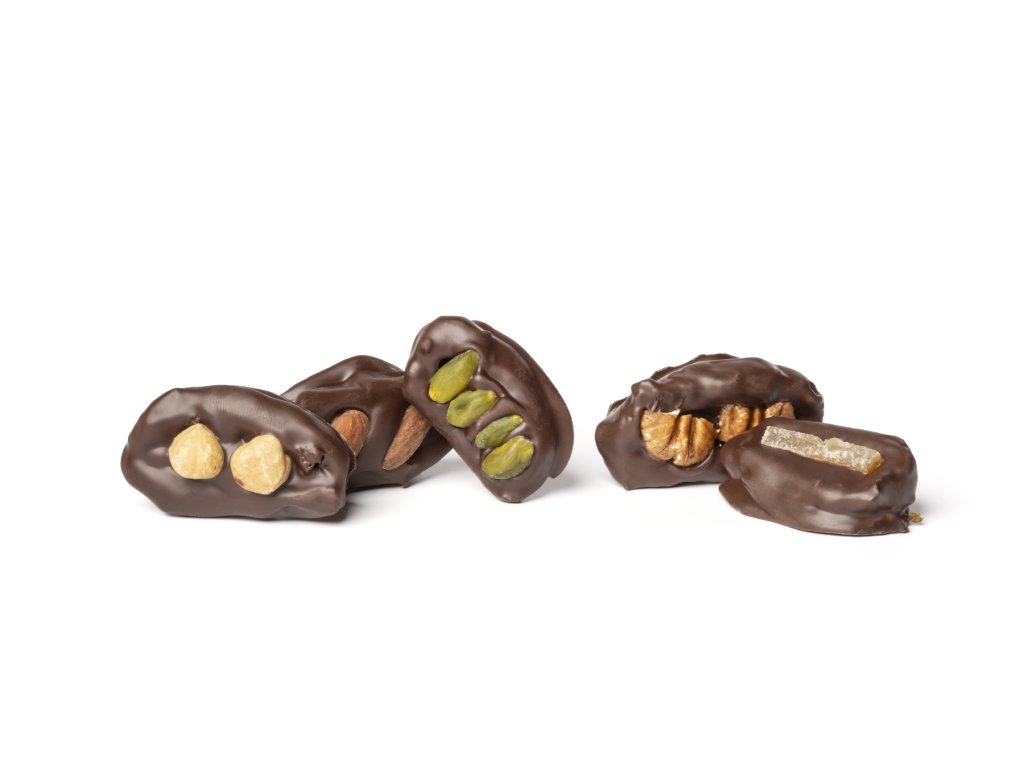 Výběr prémiových datlí - v hořké čokoládě s ořechy a pomerančem BEZ KRABIČKY
