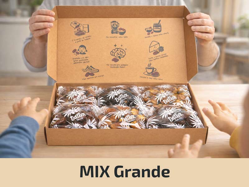 Mix datlí Grande – šest prémiových odrůd (Medjool, Sukkari Galaxy, Sukkari Mufattal, Saggai, Khodari, Ajwa)
