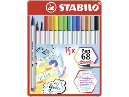 Prémiový vláknový fix s flexibilním štětcovým hrotem - STABILO Pen 68 brush - 15 ks sada v plechu - 15 různých barev