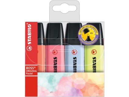 Zvýrazňovač - STABILO BOSS ORIGINAL Pastel - 4 ks sada - korálově červená, třešňová, obláčkově modrá, limetková