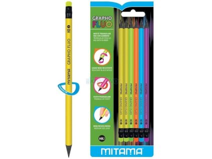 MITAMA Tužka grafitová trojhranná s gumou Fluo HB (2)/6ks