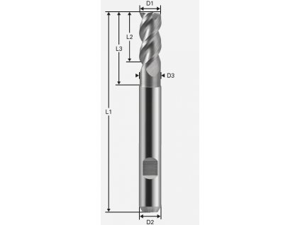 Tříbřitá fréza podbroušená 30°; D1=3,0 / D2=6,0 / D3=2,8 / L1=58 / L2=8,0mm / L3=12