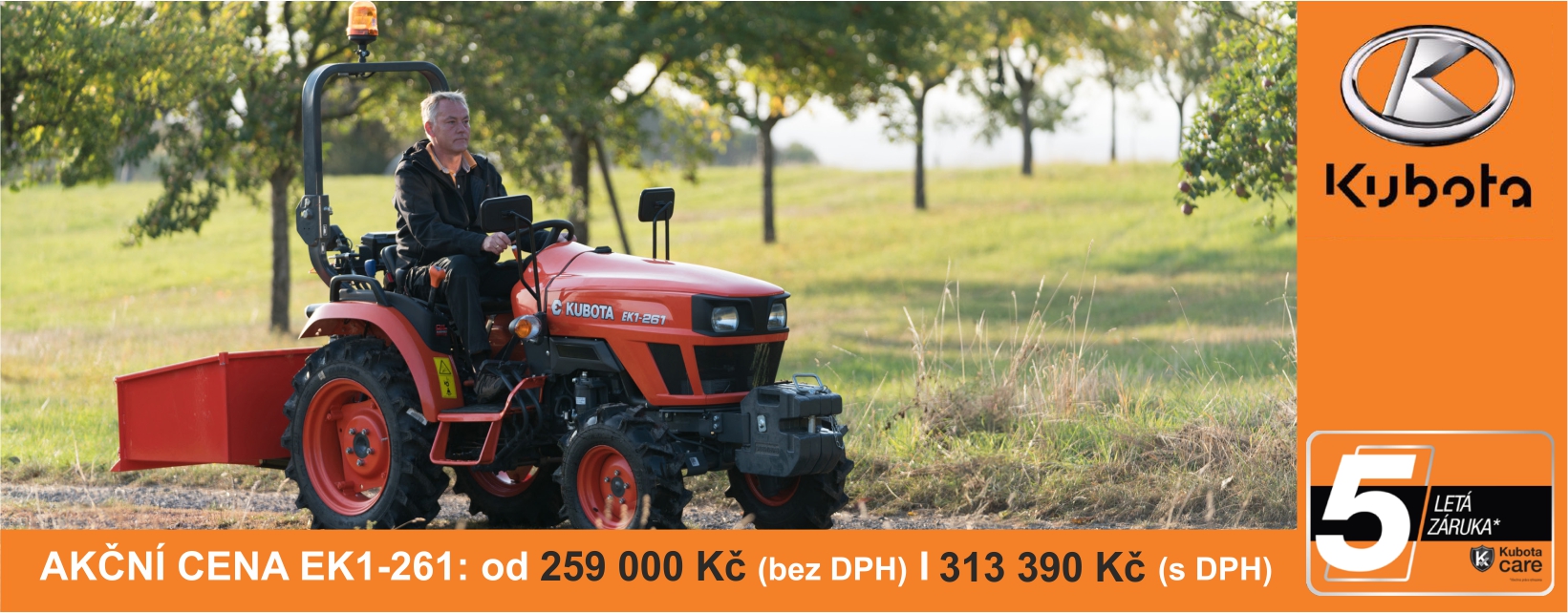 Akce na malotraktor Kubota EK1-261, ideální pro zahrádkáře a sadaře.