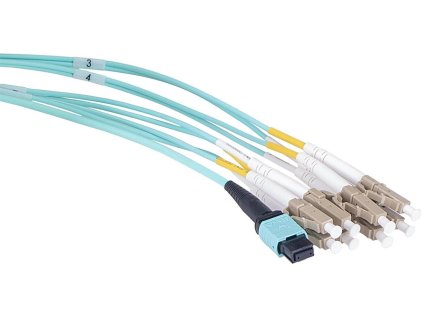 Optický patchcord MPOupc female/4xLCupc duplex, MM, OM3, 8-vlákno, Typ B, 1m