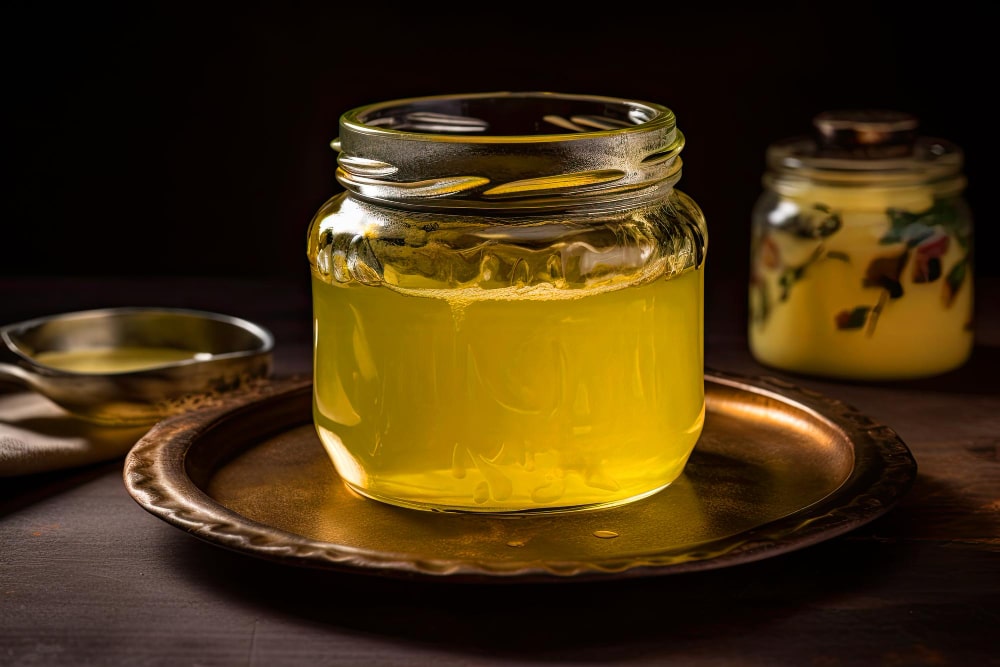 ghee-clarified-butter-jar-wooden-table-ai-generative-min