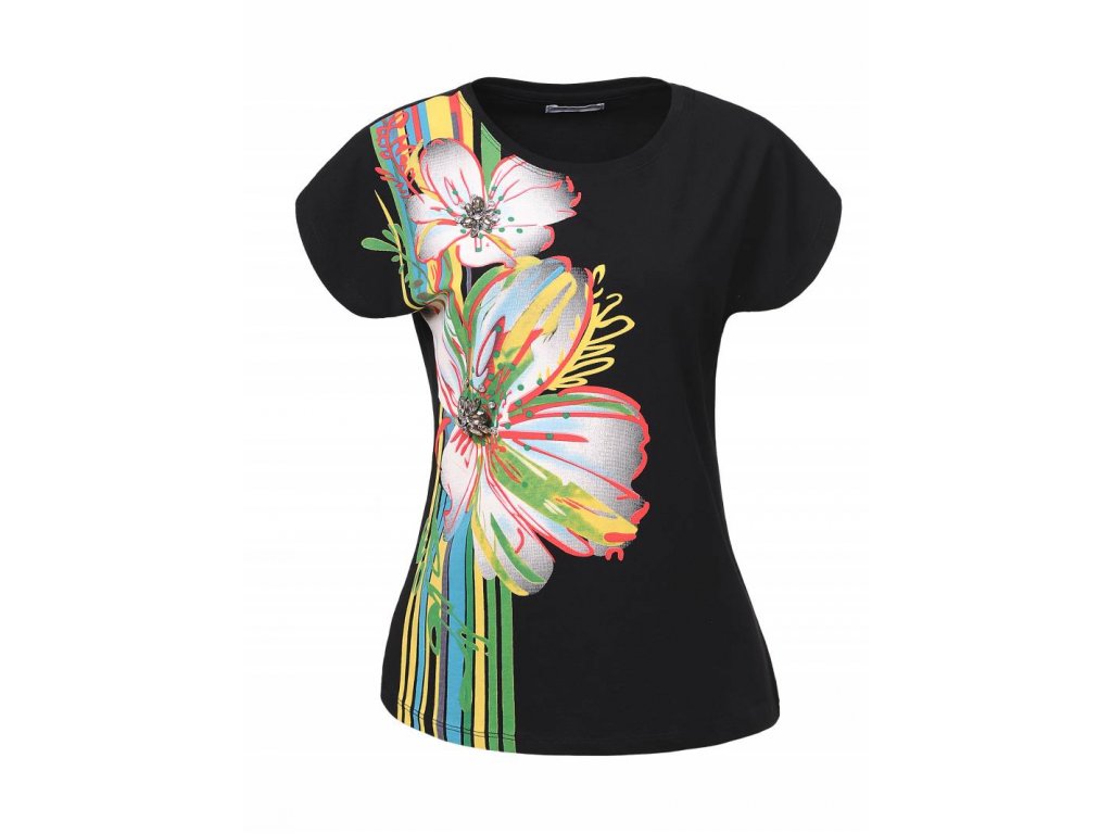 Dámske tričko s krátkym rukávom FLOWERS (Farba Čierna, Veľkosť XL)