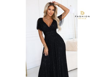 635 2 melania dluga blyszczaca suknia z dekoltem i krotkim rekawkiem czarna 19825