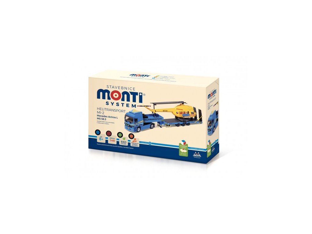 Stavebnica Monti System MS 58.3 Helitransport MI-2 Mercedes Actros L 1:48 v krabici 31,5 x21x8cm