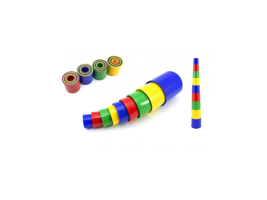 Kubus pyramída skladačka guľatá plast asst 4 farby 9ks v sáčku 12 mesiacov