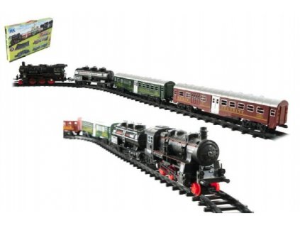 Vlak + 3 vagóny s koľajami 24ks plast na batérie so svetlom so zvukom v krabici 59x39x6cm