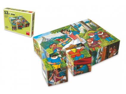 Kocky kubus Snehulienka drevo 12ks v krabičke 16x12x4cm