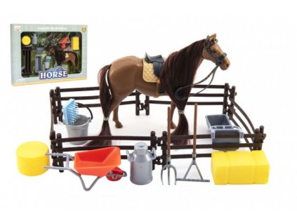 Kôň česacia hnedý plast s doplnkami a ohradou v krabici 34x25x5cm
