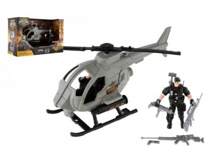 Vrtuľník/helikoptéra vojenský s vojakom plast s doplnkami v krabici 28x18x12cm
