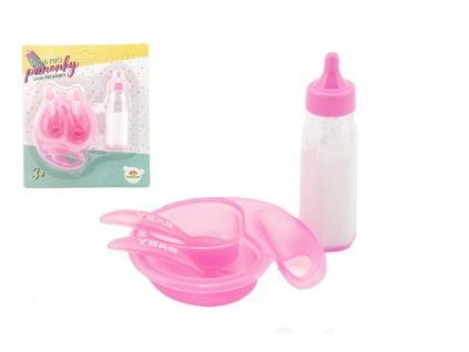 Sada pre bábiky plast fľaštička, miska s príborom na karte 19x22x4cm