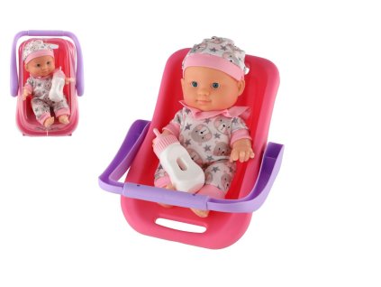 Bábika bábätko plast 22cm pevné telo v nosidle/autosedačke s fľaštičkou 2 farby