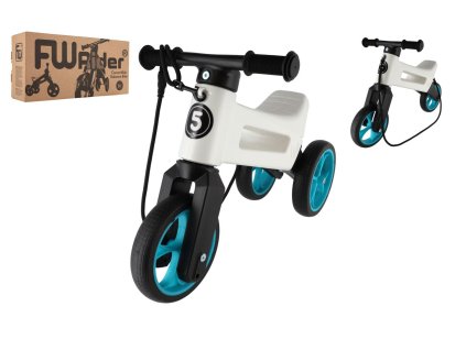 Odrážadlo FUNNY WHEELS Rider SuperSport biele/tyrkys 2v1+popruh,výš.sedla28/30cm nos.25kg 18m+v krab