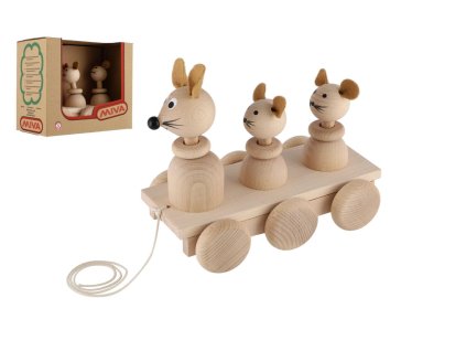 Tri myšky ťahacie prírodné drevo 22cm v krabici 22x18x12cm