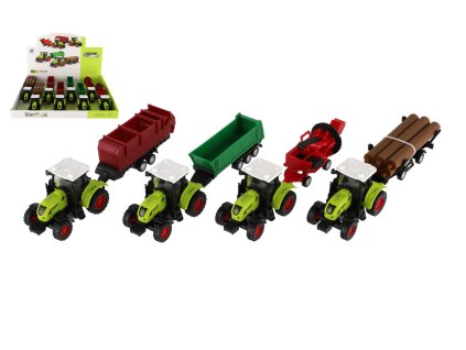 Traktor s vlekom plast 24cm na zotrvačník 4 druhy 8ks v boxe