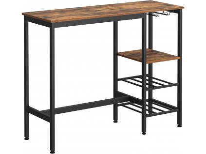 Barový stůl Charlotte, Rustikální Hnědá, Černá  Barový stůl, s držákem na sklenice a láhve, kuchyňský stůl, do obývacího pokoje, kuchyně, průmyslový design, 110 x 40 x 90 cm, vintage, černá.