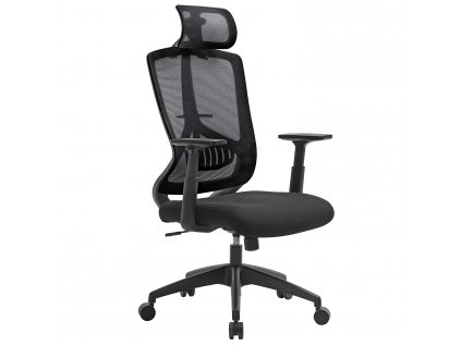 Kancelářská židle Kersten, Černá  Ergonomická kancelářská židle s bederní opěrkou, židle k psacímu stolu a počítači, nastavitelná opěrka hlavy a loketní opěrky, kolébková funkce.