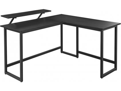 Počítačový stůl Fia, Černá  Psací stůl, rohový počítačový stůl ve tvaru L s pohyblivým nástavcem na monitor, do kanceláře a pracovny, jednoduchá montáž, kov, černý.
