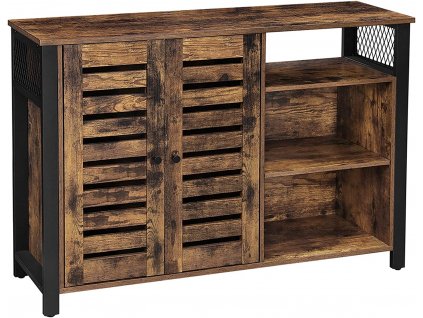 Dřevěná komoda Salama, hnědá / černá  Dřevěná komoda, skříň se 2 dvířky, nastavitelné odkládací přihrádky, pro jídelnu, obývací pokoj, kuchyň, 110 × 33 × 75 cm, industriální design.