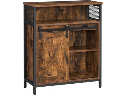 Dřevěná komoda Samar, hnědá / černá  Dřevěná komoda, kuchyňská skříň s posuvnými dveřmi, otevřená přihrádka, nastavitelná odkládací plocha, průmyslový design, 70 x 30 x 80 cm, vintage