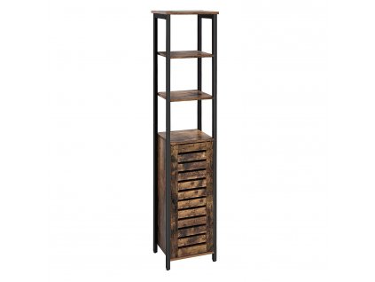 Dřevěná komoda Sammie, černá  Dřevěná vysoká komoda, s 3 otevřenými a 2 skrytými přihrádkami, skříňka do koupelny, 37 × 30 × 167 cm, vintage, černá.
